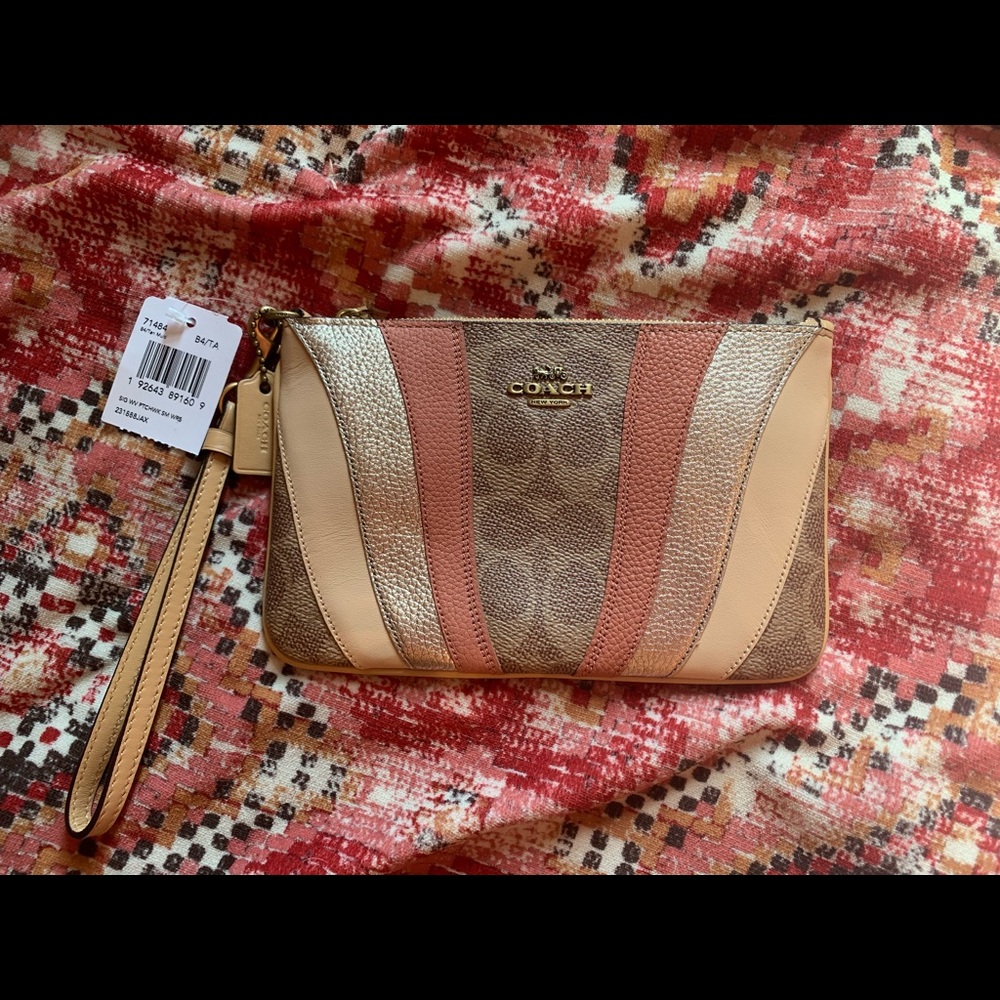 Peach Colorblock Jacquard Coach Wristlet NWT